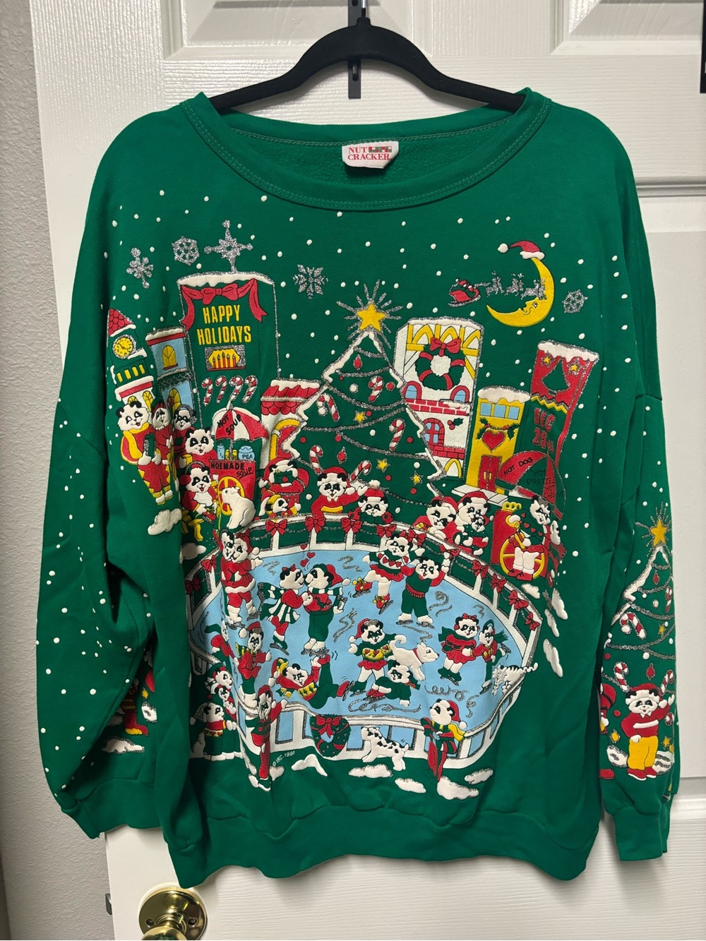 Vintage Ugly Sweater Nutcracker Adorable 3D Puff Ice Skating Holiday Scene